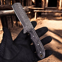 Damascus Bull Cutter Knife | 8" Raindrop Damascus & Leather Sheath
