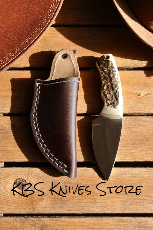 Custom Handmade D2 Steel Deer Skinning Knife with Antler Horn Handle & Leather Sheath

