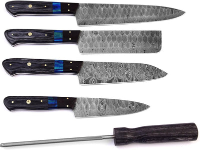 Forged Damascus steel blades showcasing intricate patterns