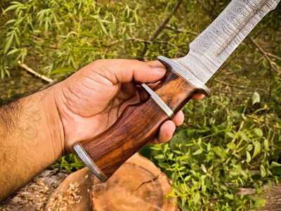 Premium Hunting Bowie Knife with Damascus Steel Blade, Rosewood Handle, and Blood Groove