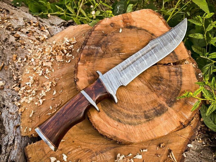 KBS Knives Damascus Steel Blade Bowie Knife with Leather Sheath, Ideal for Outdoor Use