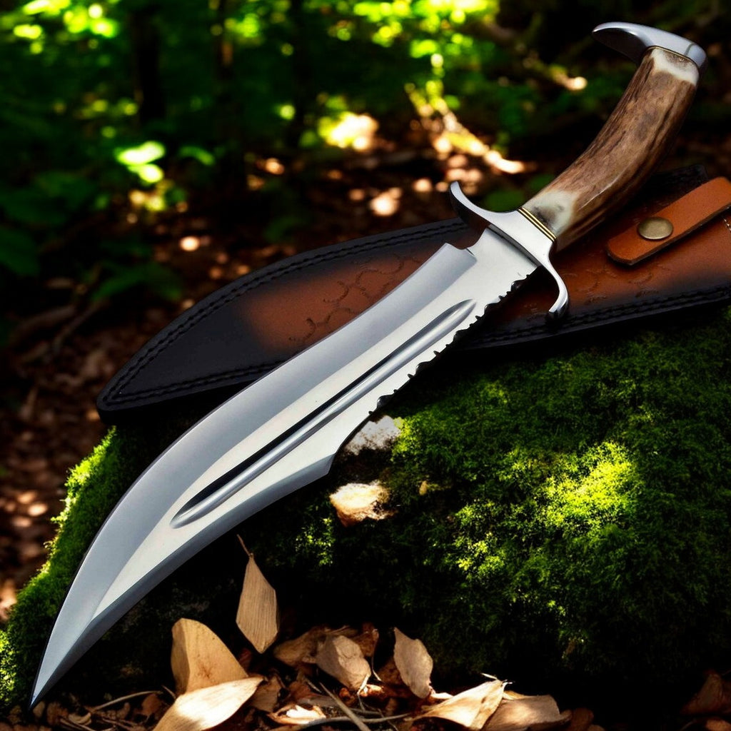 Bowie Knife With Antler Handles – 14" D2 Steel Blade & Blood Groove