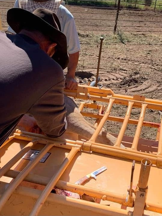 Person working on a wooden structure outdoors with tools and equipment.