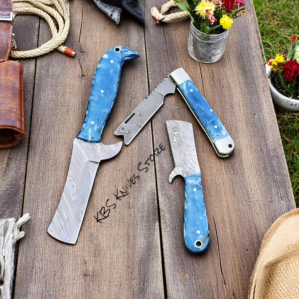 Handmade Bull Cutter Knife Set – Damascus Steel Blades with Custom Epoxy Resin Handles & Leather Sheath

