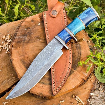 Damascus Steel Blade Custom Handcrafted Hunting Bowie Knife with Colored Bone Handle and Leather Sheath