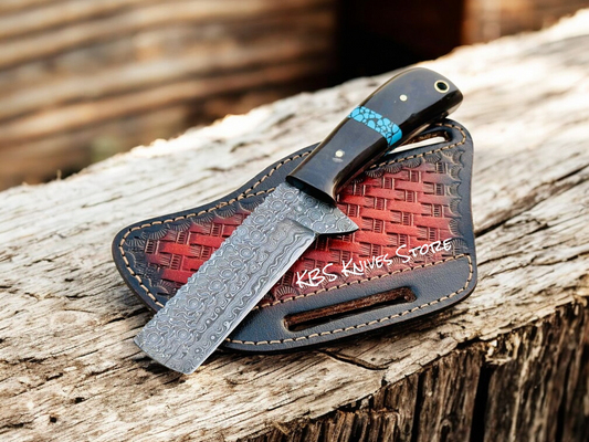 Bull Cutter Knife and Sheath – 3.6" Raindrop Damascus & Turquoise Handle