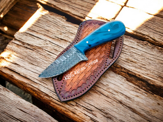 Dress Knife – 3" Damascus Steel Blade with Epoxy Resin Handle & Leather Sheath