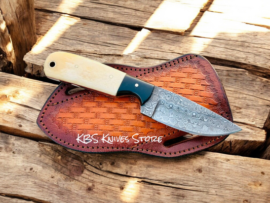 Fixed Blade Belt Knife – 3.5" Raindrop Damascus, Bone & Buffalo Horn
