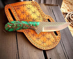 Handmade western belt knife with Green Epoxy Pine cone handle and pancake sheath