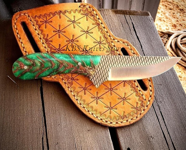 Handmade western belt knife with Green Epoxy Pine cone handle and pancake sheath