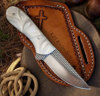 Ranch Cowboy Knives and Sheaths with Pearl white resin handle and western sheath
