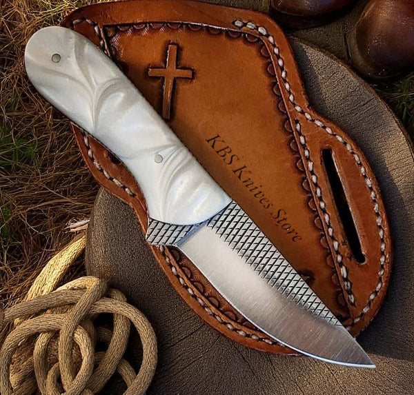 Ranch Cowboy Knives and Sheaths with Pearl white resin handle and western sheath