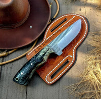 Fixed Blade Cowboy Knife - Handmade Rasp Steel & Sheep Horn Handle