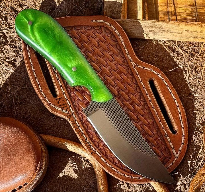 cowboy belt knife with green epoxy resin and sheath