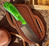 cowboy belt knife with green epoxy resin and sheath