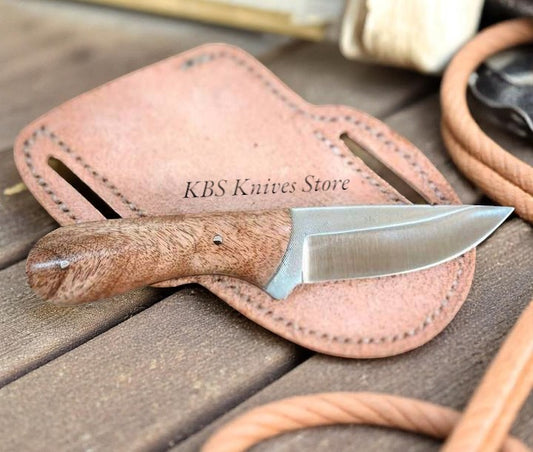 Handmade Custom Cowboy Knife with walnut wood handle and leather sheath