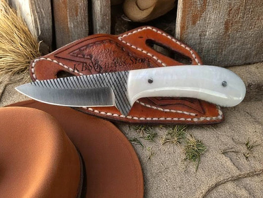 Fixed Blade Custom Cowboy Knife with White pearl Epoxy resin handle and sheath