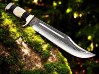 Custom handmade knife featuring an 11-inch D2 forged steel blade with a blood groove and a bone and buffalo horn handle.