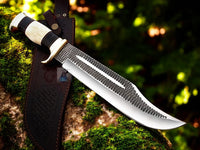 The 16-inch knife placed in its custom leather sheath, offering a secure and stylish carrying option.