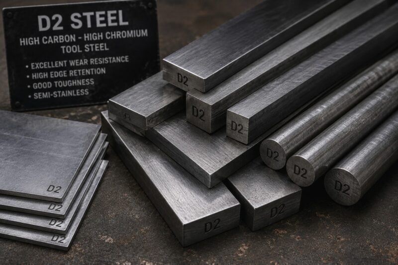 Stacks of D2 steel tool bars and plates with a black informational sign reading 'D2 STEEL HIGH CARBON - HIGH CHROMIUM TOOL STEEL' on a dark textured surface.
