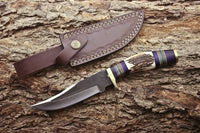 Close-up of antler horn and exotic wood handle on 1095 steel knife
