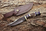 Close-up of antler horn and exotic wood handle on 1095 steel knife
