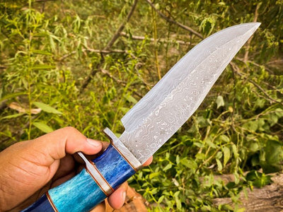 Raindrop Pattern Damascus Steel Bowie Knife with Colored Bone Handle and Double Finger Guard