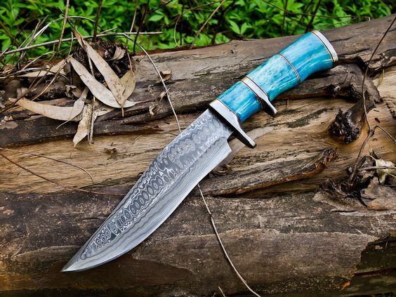 Handcrafted Hunting Bowie Knife with Damascus Steel Blade, Leather Sheath, and Colored Bone Handle