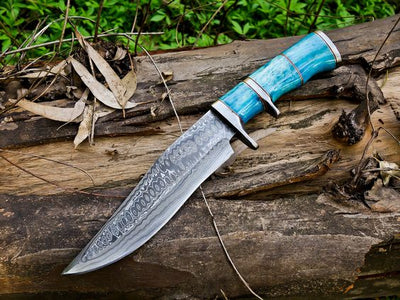 Handcrafted Hunting Bowie Knife with Damascus Steel Blade, Leather Sheath, and Colored Bone Handle