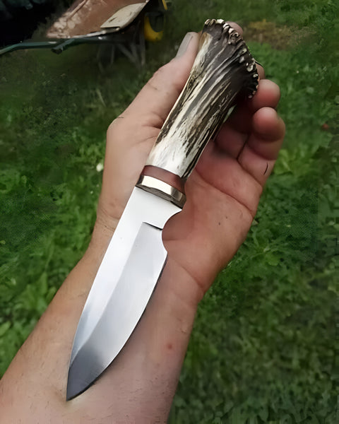 Hunter Knife – 9" D2 Steel Blade with Antler Horn Handle & Brass Guard

