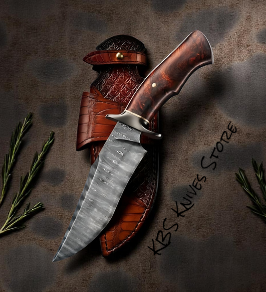 Fixed Blade – Hunting Knife with 7" Damascus Steel Blade & Burl Rosewood Handle

