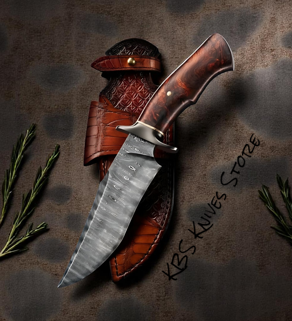 Fixed Blade – Hunting Knife with 7" Damascus Steel Blade & Burl Rosewood Handle

