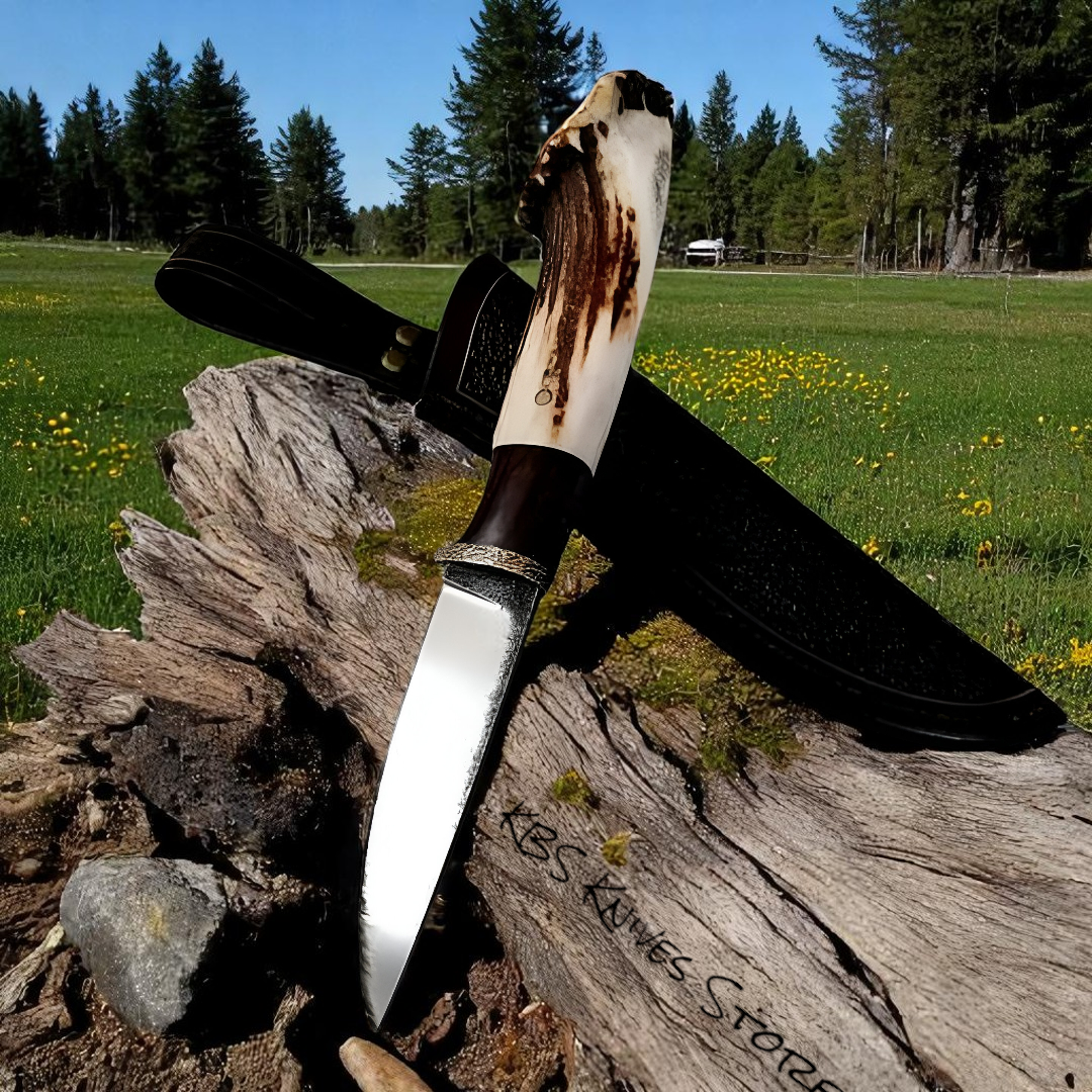Field Slasher – Best Hunting Knife with 1095 Steel Blade, Rosewood & Antler Horn Handle

