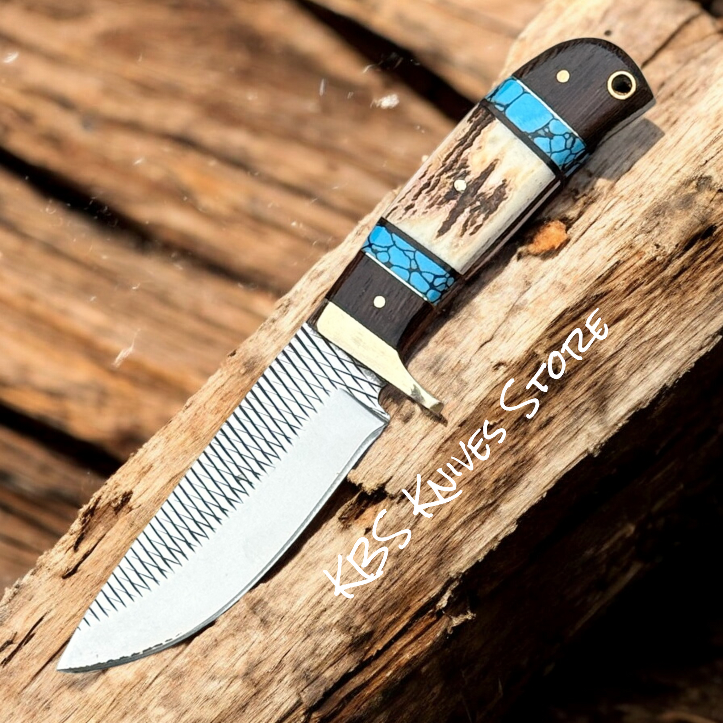 Hunting Knife 4.1" Blade – Rasp Steel with Antler Horn & Turquoise Handle