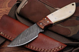 Custom Handmade Damascus Steel skinning knife with rosewood and bone handle, 8 inches.
