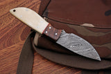 Great skinning knife with custom Damascus steel blade and rosewood and bone handle, Rockwell Hardness 55-58 HRC.
