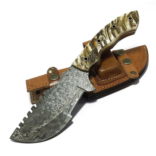 "Custom Handmade Raindrops Damascus Steel Tom Brown Tracker Knife with Sheep Horn Handle, 10 Inches, and Leather Sheath, Available at KBS Knives Store""Custom Handmade Raindrops Damascus Steel Tom Brown Tracker Knife with Sheep Horn Handle, 10 Inches, and Leather Sheath, Available at KBS Knives Store"