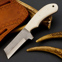 "Custom Handmade Cowboy Farrier Rasp Bull Cutter Knife with Bone Handle and Leather Sheath, 8 Inches, Available at KBS Knives Store"