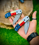 "Custom Handmade Texas Flag Damascus Steel Folding Pocket Knife with Exotic Wood-Bone Texas Flag Handle, 3.1 Inch Blade, and Leather Sheath, Available at KBS Knives Store"