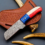 "Custom Handmade Texas Flag Cowboy Damascus Steel Blade Cutter Knife with Exotic Wood-Bone Texas Flag Handle and Leather Sheath, 8 Inches, Available at KBS Knives Store"