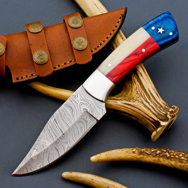 "Custom Handmade Texas Flag Damascus Steel Hunting Knife with Exotic Wood-Bone Texas Flag Handle and Leather Sheath, 9 Inches, Available at KBS Knives Store"