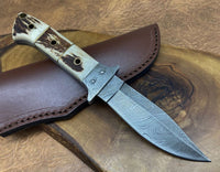 "Exquisite Custom Handmade Damascus Hunting Knife | Stag Horn Handle | 8.5 Inches | Leather Sheath | KBS Knives Store"