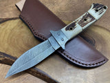 "Exquisite Custom Handmade Damascus Hunting Knife | Stag Horn Handle | 8.5 Inches | Leather Sheath | KBS Knives Store"