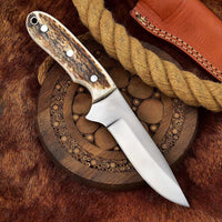 Custom handmade D2 steel skinning knife with antler handle