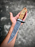 "Custom Handmade Damascus Steel Hunting Bowie Knife with Stacked Leather-Damascus Guard Handle, 12 Inches, and Leather Sheath, Available at KBS Knives Store"