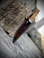 "Custom Handmade Damascus Steel Hunting Bowie Knife with Stacked Leather-Damascus Guard Handle, 12 Inches, and Leather Sheath, Available at KBS Knives Store"