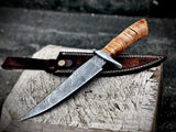 "Custom Handmade Damascus Steel Hunting Bowie Knife with Stacked Leather-Damascus Guard Handle, 12 Inches, and Leather Sheath, Available at KBS Knives Store"