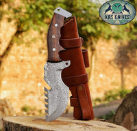 "Custom Handmade Damascus Steel Best Survival Camping Tracker Knife | Rosewood Handle | 10 Inches | Leather Sheath | KBS Knives Store"