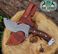 "Custom Handmade Damascus Steel Best Survival Camping Tracker Knife | Rosewood Handle | 10 Inches | Leather Sheath | KBS Knives Store"