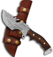 "Custom Handmade Damascus Steel Best Survival Camping Tracker Knife with Rosewood Handle, 10 Inches, and Leather Sheath, Available at KBS Knives Store"